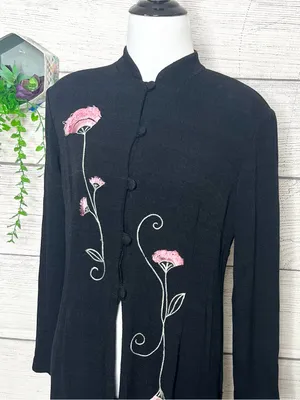 Vintage Black & Pink Floral Embroidered Long Sleeve Dressy Duster Blouse Size 8 thumbnail 4