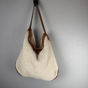 Lucky Brand Ivory Cotton‎ Crochet Leather Trim Boho Hobo Shoulder Bag Purse Tote thumbnail 8