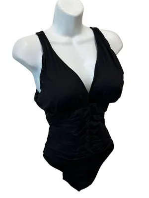 Miraclesuit Cinched Tummy One piece Swimsuit Sz 14 Black Ruched Slimming Summer thumbnail 2