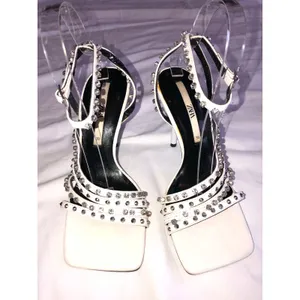 Zara Studded High Heel Sandals Size 38 White Silver Crystals Square Toe 7.5 US thumbnail 2