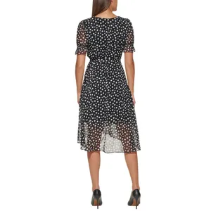 NWT Tommy Hilfiger Womens Tie Front Chiffon Polka-Dot Midi Dress Black / Cream 6 thumbnail 2