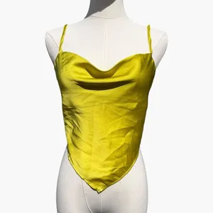 Japna Women’s XS Yellow Satin Cowl Neck Tie Back Cami Top Y2K Handkerchief Hem thumbnail 2