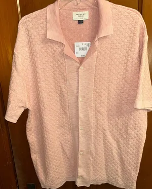 NWT! American Eagle Textured Knit Button Up Short Sleeve Shirt Coral/Pink, Large thumbnail 1