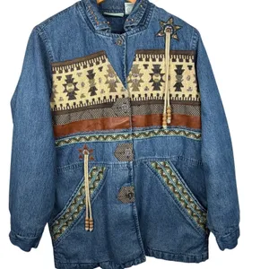 Vintage 220‎ Hickory Western Southwestern Aztec Denim Jacket Faux Leather Trim thumbnail 8
