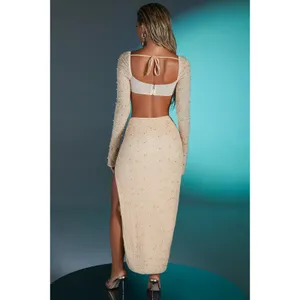 Oh Polly LA DÉSIRADE Cream Pearl Beaded Embellished Crop Top & Midi Skirt Set 2 thumbnail 3