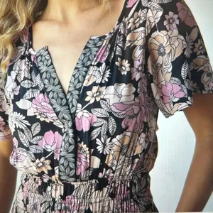 Natural Life Bella Maxi Dress M Boho Floral Smocked Waist Tiered Pockets Pink thumbnail 2