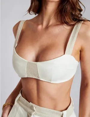 Meshki Yalda Beige Linen Colorblock Sleeveless Bustier Scoop Neck Crop Top Sz S thumbnail 1
