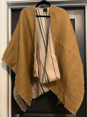 V. Fraas Cream Plaid Fringe Trim Shrug Poncho Sweater thumbnail 1