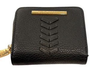 Steve Madden Womens Black Pebbled Faux Leather Zip Bifold Wallet Gold Logo‎ Bar thumbnail 1