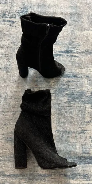 Qupid Black Sparkle Fabric Peep Toe Side Zip Block Heel Boots Size 6 thumbnail 1