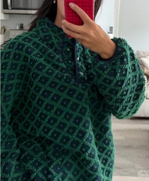 Oversized Fleece Quarter Button Pullover Green Size XL thumbnail 3