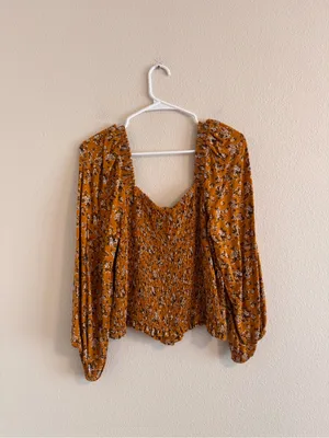 American Eagle Outfitters Burnt Orange Floral Smocked Button Blouse thumbnail 3