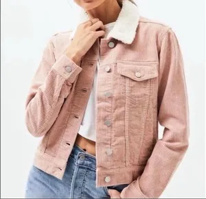 PacSun Pink Corduroy Sherpa Lined Trucker Jacket Faux Fur Oversized XS S thumbnail 1