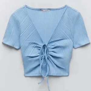 ZARA Blue Ribbed Drawstring Cut Out Cropped Top ~ Women's Shirt Size MEDIUM thumbnail 3