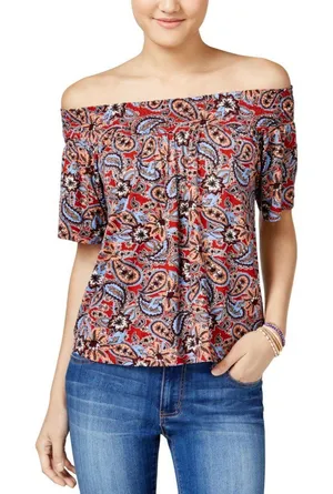 NWT Ultra Flirt Juniors Off-The-Shoulder Peasant Top Red Paisley Multi M thumbnail 1