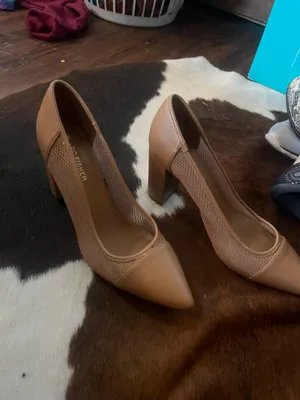 Ladies tan mesh chunky heels thumbnail 3