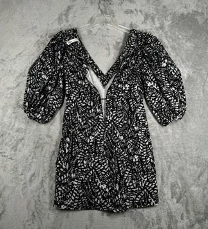 Zara Dress Womens Medium Black White Printed Kacy Puff Sleeve Mini Neutral Party thumbnail 5