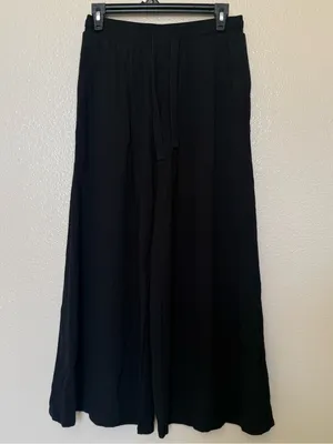 Black Wide Leg Pull-On Pants Drawstring Soft Knit Lounge Travel Minimalist Comfy thumbnail 2