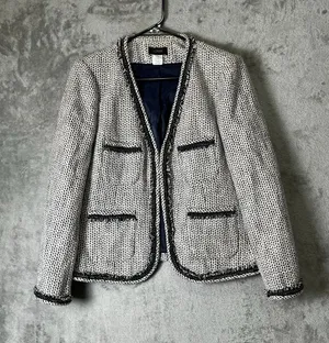 J. Crew Terrazo Tweed Jacket Navy White Linen Blend Chain Fringe Trim 12 Career thumbnail 1