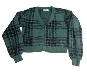 Hollister Cropped Sweater Women's Size XS Green Black Plaid Grunge Y2K Inspired‎ thumbnail 1