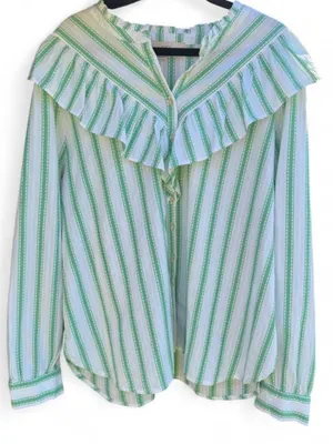 LOFT Green and White Striped Ruffle Collar Blouse thumbnail 1