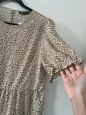 PRETTYGARDEN NWT Beige Brown Leopard Print Puff Sleeve Midi Dress Medium Romantic Modest thumbnail 3