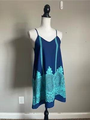 Navy Blue & Teal Graphic Print Mini Slip Dress Sz M thumbnail 2