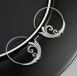 Delicate Carved Leaf Design Hoop Earrings thumbnail 2