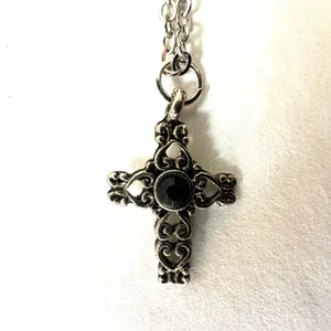 Silver tone and black dainty cross necklace thumbnail 3