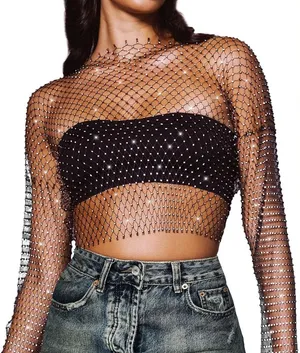 Amazon Black Crystal Net Long-Sleeve Crop Top thumbnail 1