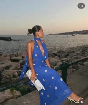 Zara Blue Polka Dot Halter Dress scarf open back maxi long evening party wedding thumbnail 2