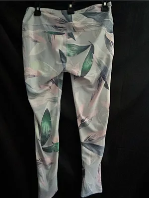 Fabletics Athletic Pastel Leaf Print Leggings in Light Blue, Green & Pink MD thumbnail 2