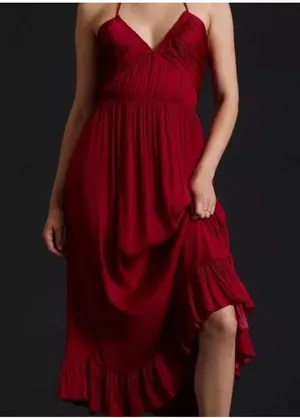 ANTHROPOLOGIE Women’s Crimson Red Crinkle Halter Midi Dress medium thumbnail 3