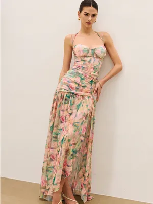 Commense Pink Floral Maxi Dress with Green Accents thumbnail 2