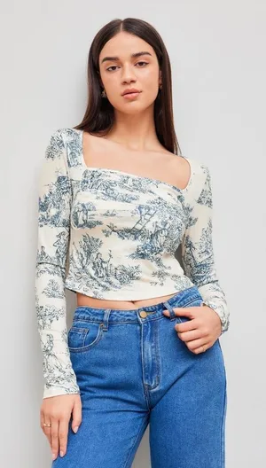 Cider Blue Toile Print Long Sleeve Crop Top – Size XL - NWT thumbnail 1