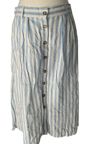Everly Blue White Striped Linen Blend Button Front Midi Skirt Womens Large‎ thumbnail 1