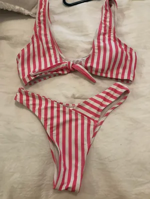 Pink White Striped Bikini thumbnail 1