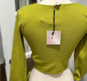 Happily Grey Ribbed Cropped Long Sleeve Top in Chartreuse/Lime Green thumbnail 5