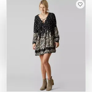 Billabong Just Like You Long-Sleeve Gauzy Rayon Mini Dress Off Black‎ Size Large thumbnail 3