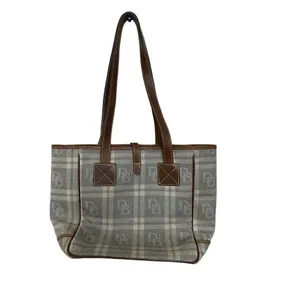 Vintage Dooney & Bourke Brown Tan Plaid Leather Trim Womens Purse Tote Bag thumbnail 2