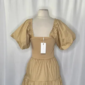 NWT! ENDLESS ROSE Mix Media Mini Dress Latte Brown Puff Sleeves Corset Bodice XS thumbnail 7