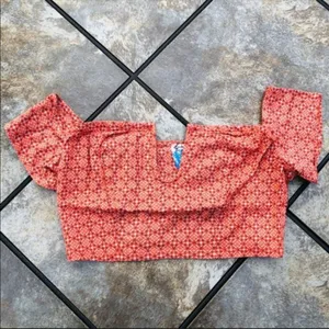 Free People Coral Pink Off The Shoulder Notch V-Neck Crop Top Geometric Boho SM thumbnail 6