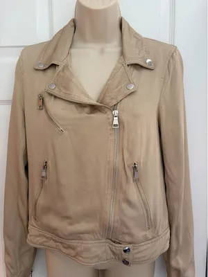 Elie Tahari Moto Jacket Beige Stretch Zip Cropped Womens S Biker Luxury thumbnail 1