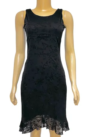 Up Front Black Floral Glitter Sheer‎ Ruffle Hem Sheath Dress Size XS thumbnail 1