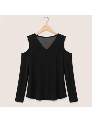 AllSaints Black Cold Shoulder Long Sleeve Top Minimalist Stretch Knit XS-S thumbnail 3