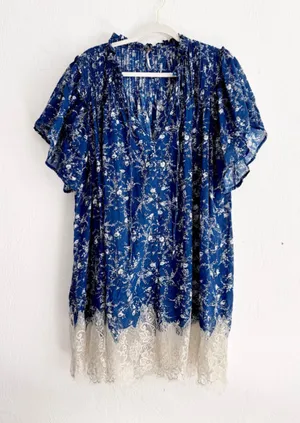 Women's Free People Blue Floral Mini Dress with Lace Trim, Size L thumbnail 1