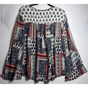 Massini Womens Large Patchwork Paisley Bell Sleeve Boho Peasant Blouse Top thumbnail 4