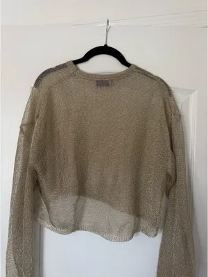 Edikted Aviva Cropped Gold Metallic Sheer Long Sleeve Top Small thumbnail 6