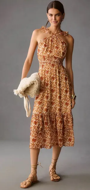 NWT Anthropologie Paige Florencia Silk Midi Dress Medium White & Cinnabar thumbnail 1