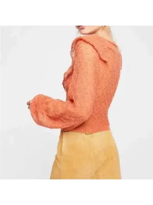 Free People Macaroon Ruffled Neck Mohair Wool Sweater Burnt Orange Ruffle size L thumbnail 5